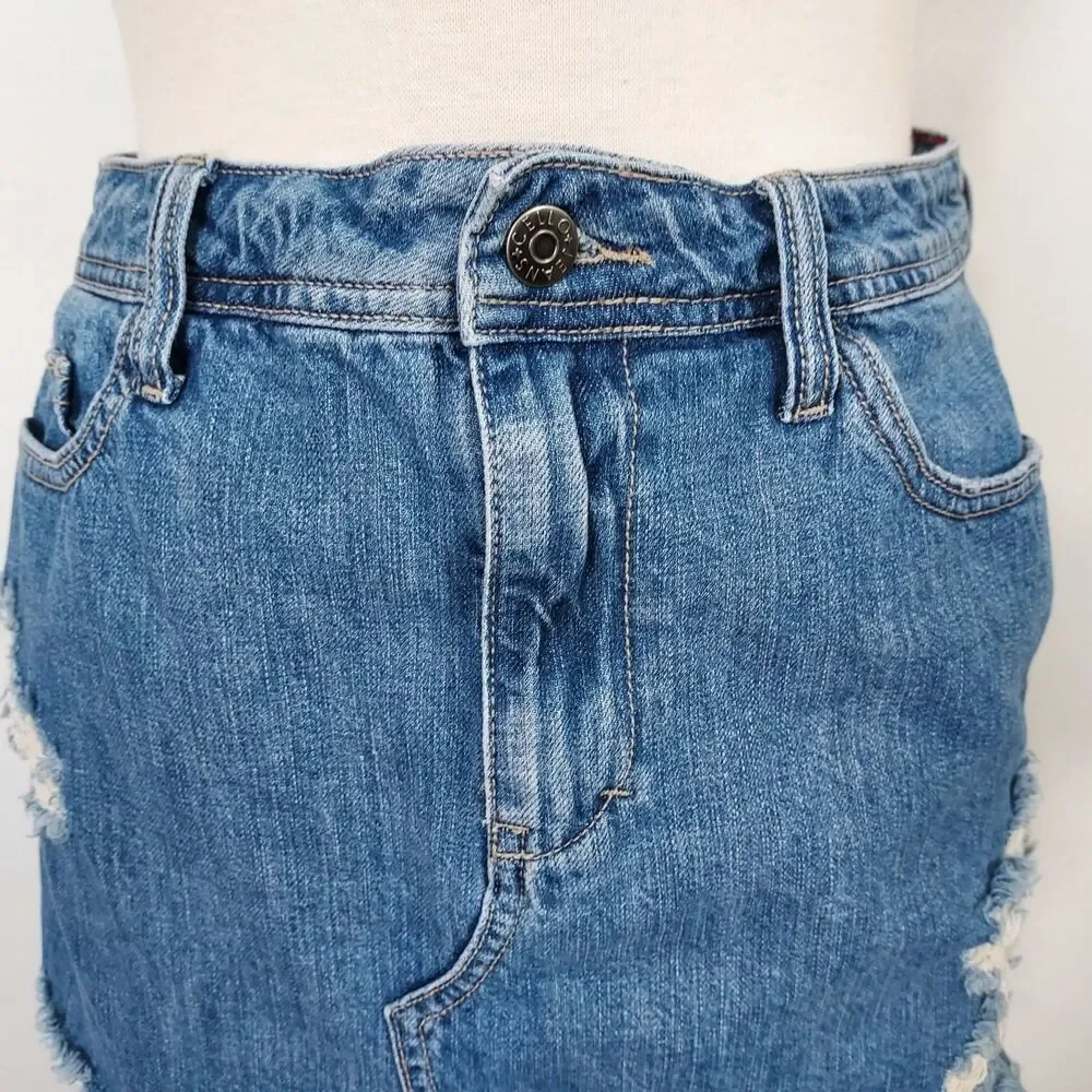 Cello Jeans Distressed Blue Denim Mini Skirt Raw Hem Size Large Destroyed - Picture 3 of 13